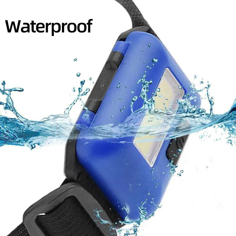 Compact outdoor mini LED headlight with adjustable headband in black, blue, or red.