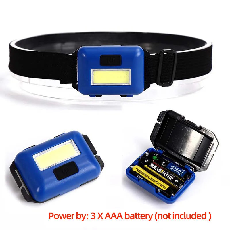 Compact outdoor mini LED headlight with adjustable headband in black, blue, or red.