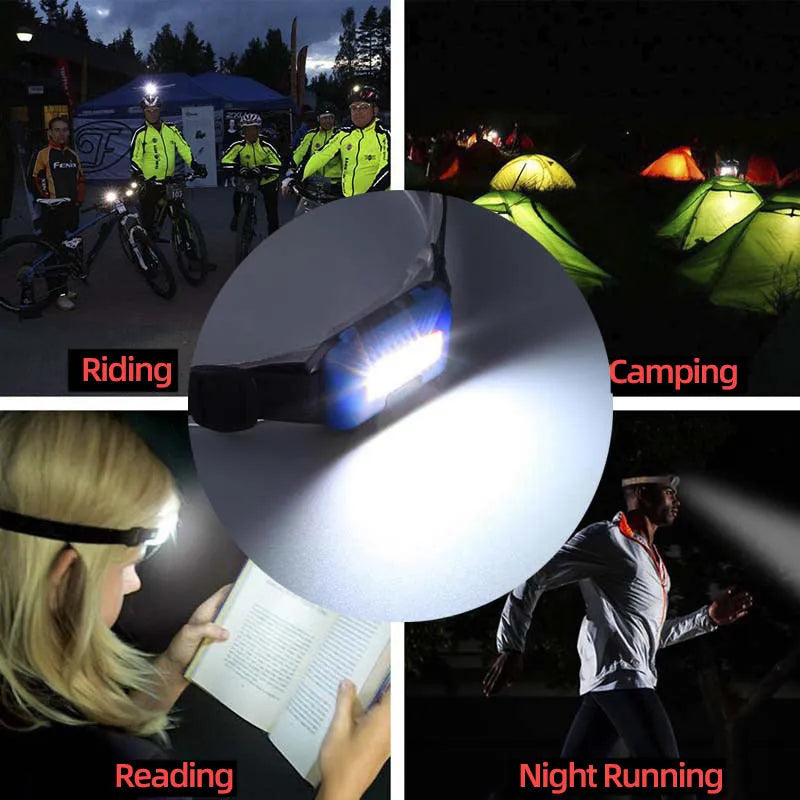 Compact outdoor mini LED headlight with adjustable headband in black, blue, or red.
