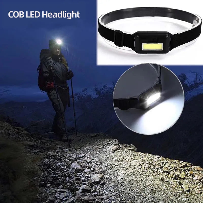 Compact outdoor mini LED headlight with adjustable headband in black, blue, or red.