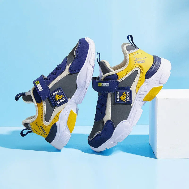 Children's lightweight trainers with hook and loop strap, space leather upper, EVA sole, dark blue, sizes 26-39
