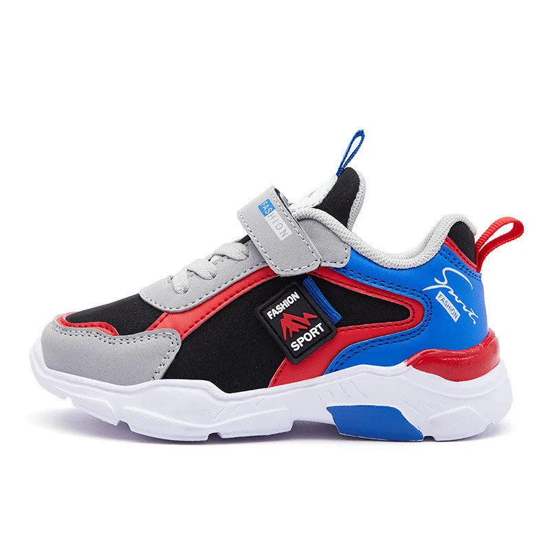 Children's lightweight trainers with hook and loop strap, space leather upper, EVA sole, dark blue, sizes 26-39