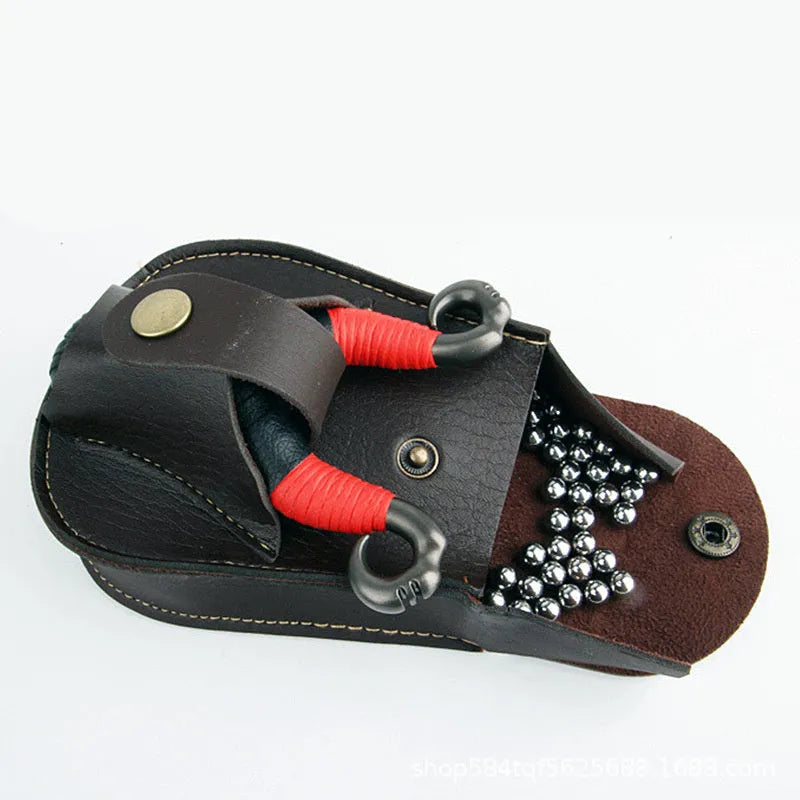 Slingshot leather belt bag with steel balls for outdoor hunting use