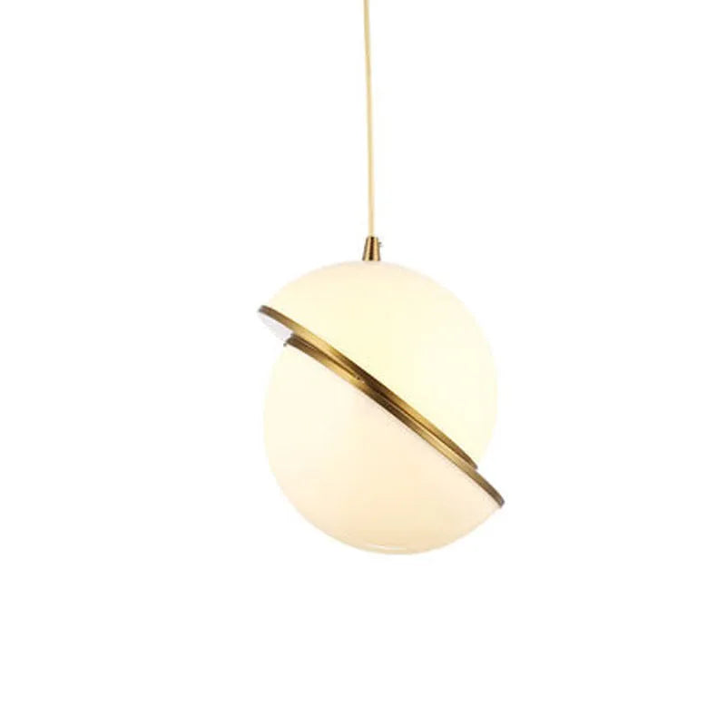 Nordic modern white glass ball pendant light with an iron frame and adjustable cord.