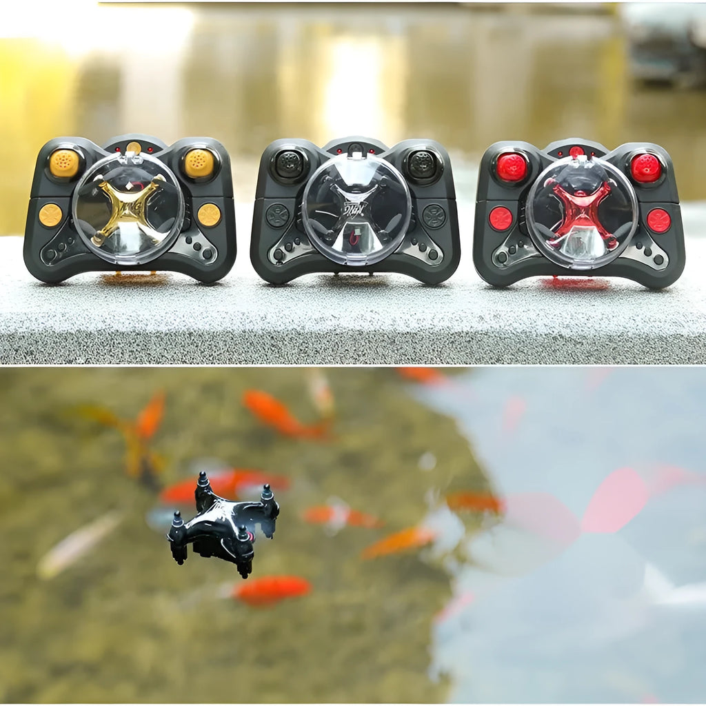 Compact black remote control aircraft with four rotors and a handheld remote control on a table.
