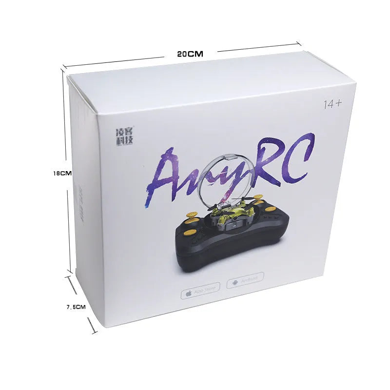 Compact black remote control aircraft with four rotors and a handheld remote control on a table.