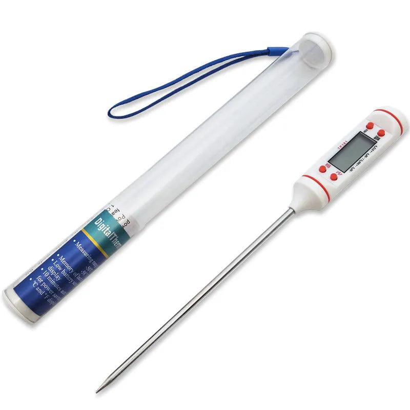 Digital kitchen oil thermometer with stainless steel probe, measuring 23cm total length and 15cm needle length