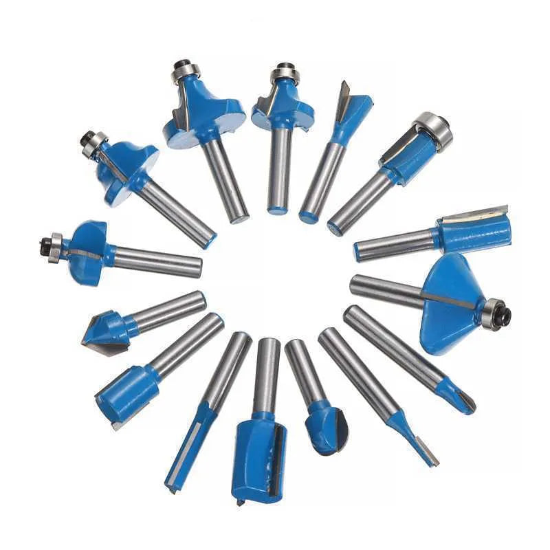 5-piece woodworking milling cutter set with red, yellow, black, and blue colour-coded handles