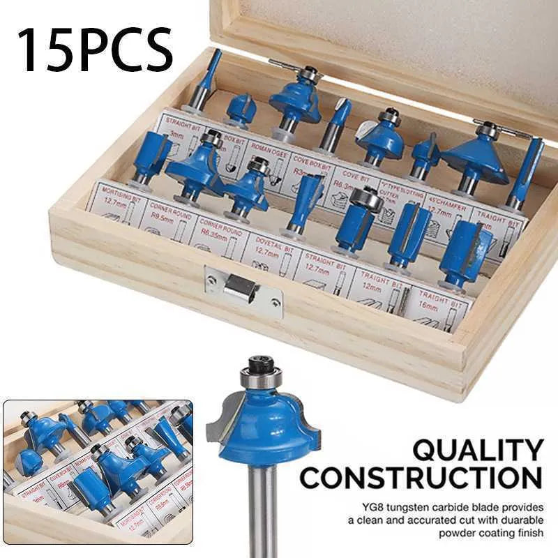 5-piece woodworking milling cutter set with red, yellow, black, and blue colour-coded handles