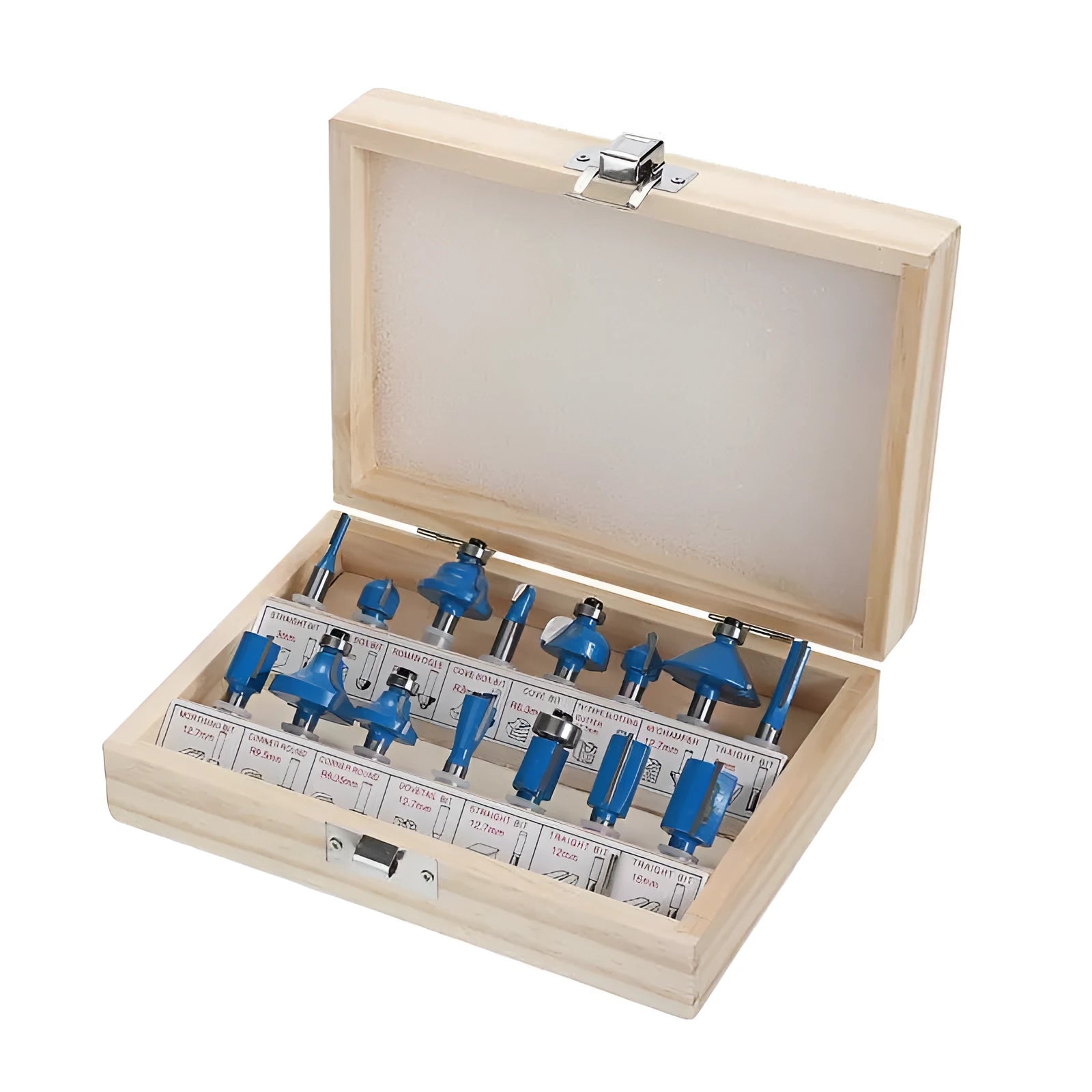 5-piece woodworking milling cutter set with red, yellow, black, and blue colour-coded handles