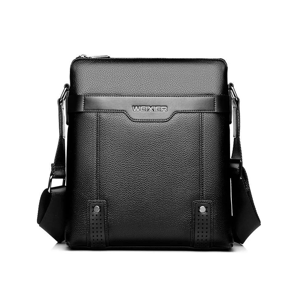 Men's medium black PU leather casual shoulder bag with square shape and single strap