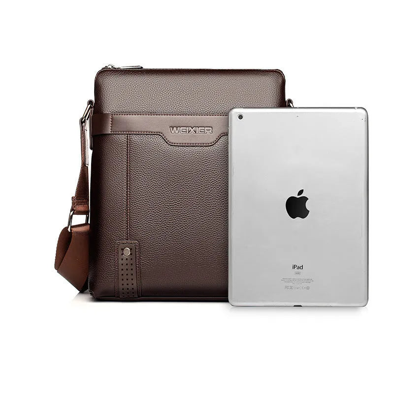 Men's medium black PU leather casual shoulder bag with square shape and single strap