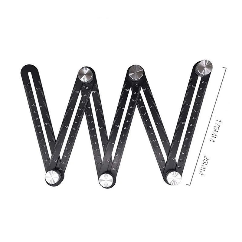 Six fold aluminium alloy and plastic ruler with perforated design shown in folded and extended positions.