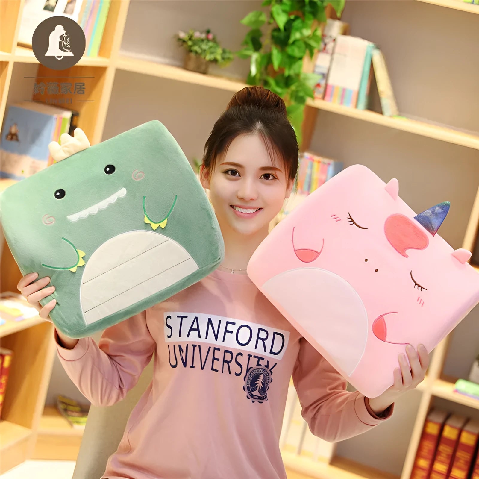 Cartoon character memory foam lumbar support cushion on a car seat, with removable inner core.