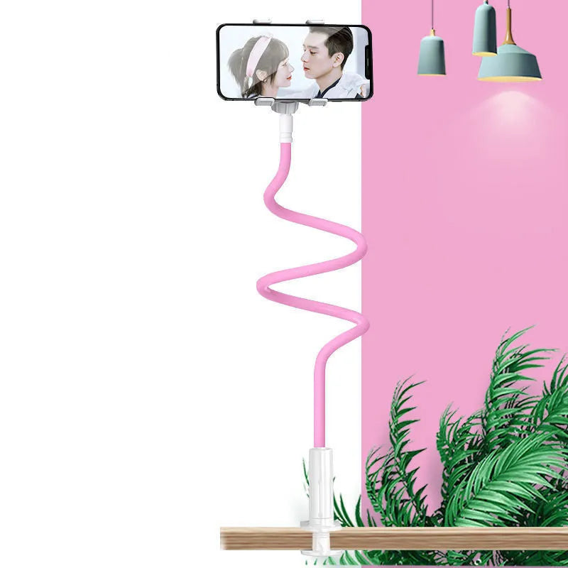 Blue mobile phone holder with flexible memory alloy hose for bedside tablet and smartphone use