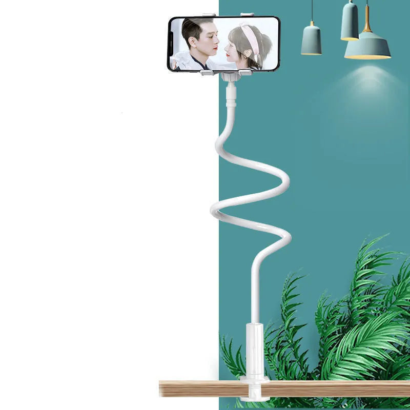 Blue mobile phone holder with flexible memory alloy hose for bedside tablet and smartphone use
