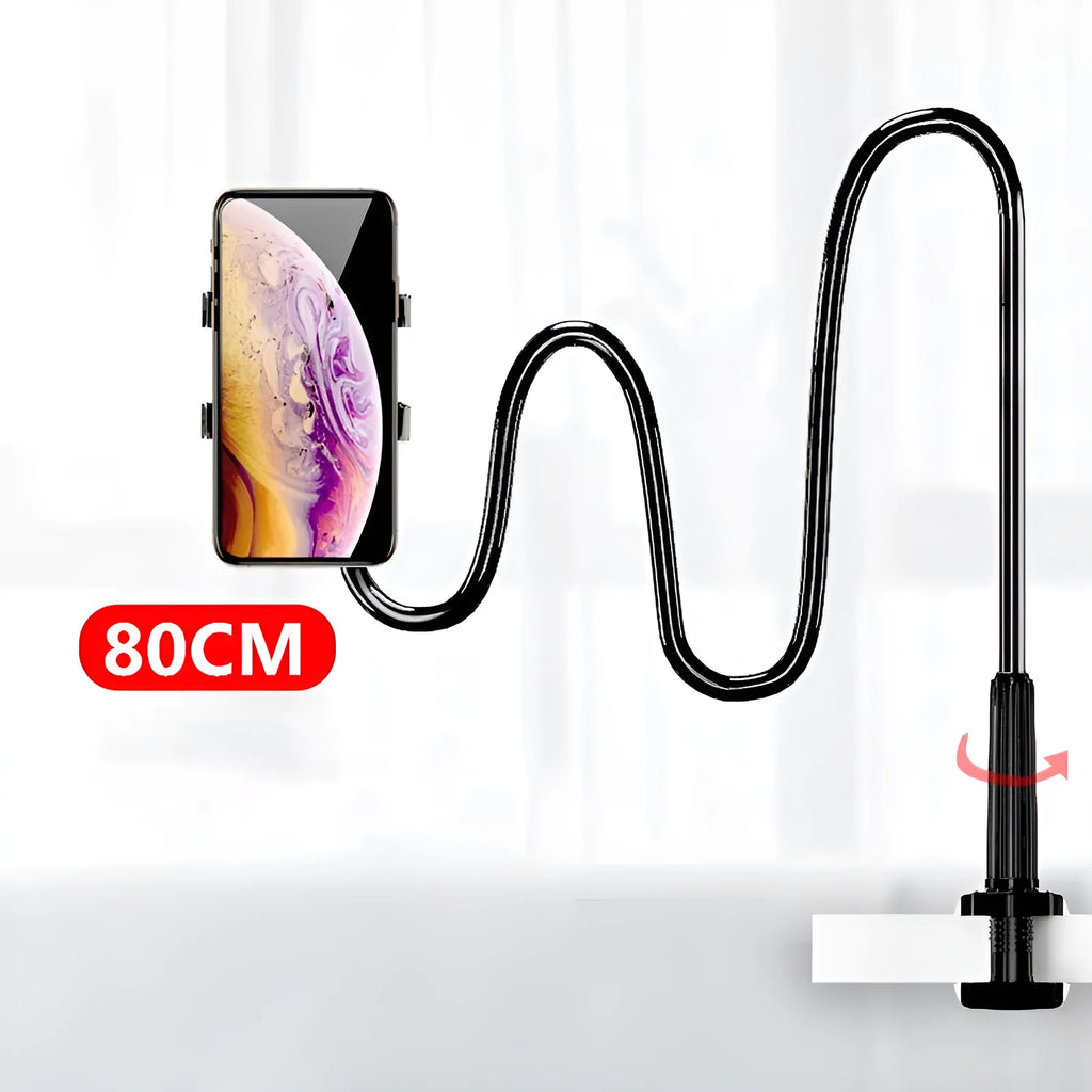 Blue mobile phone holder with flexible memory alloy hose for bedside tablet and smartphone use