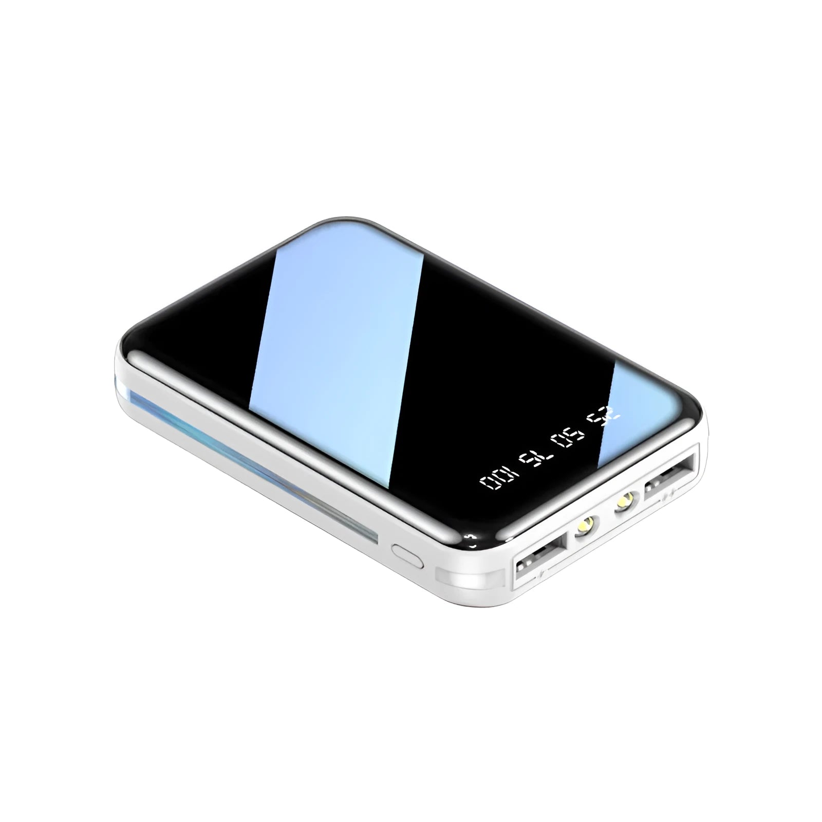 Mini power bank with digital display screen showing battery percentage, dual USB ports, plastic case