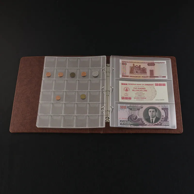 Transparent PVC coin collection sheet with storage pockets for stamps and commemorative coins