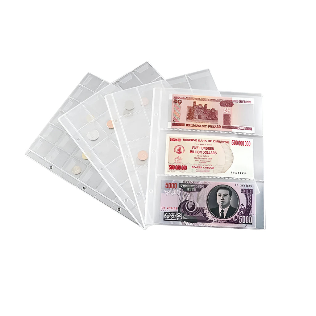Transparent PVC coin collection sheet with storage pockets for stamps and commemorative coins