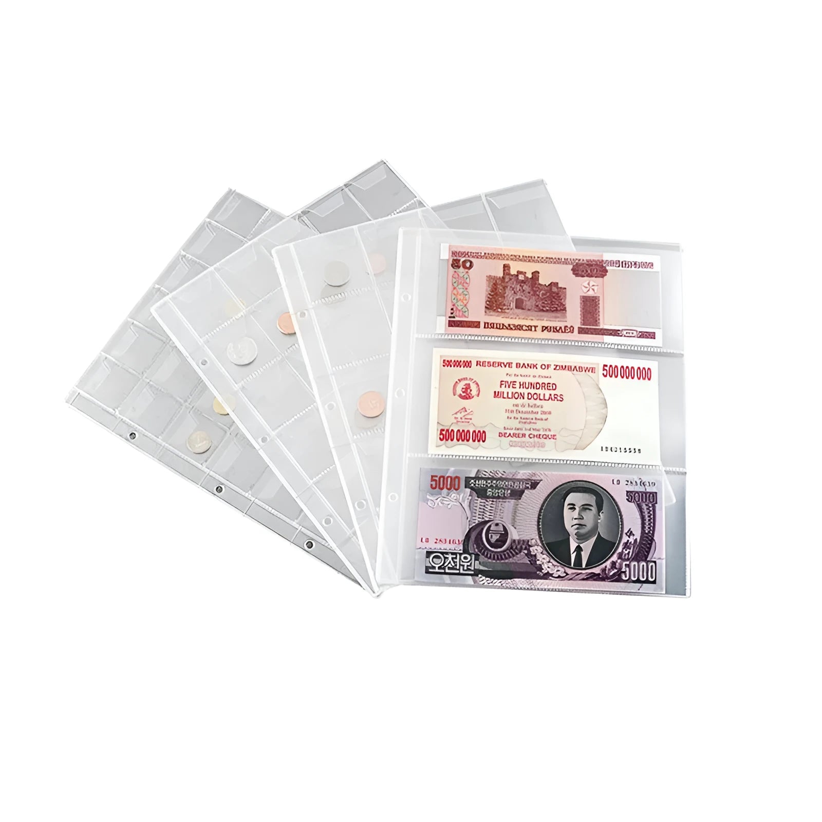 Transparent PVC coin collection sheet with storage pockets for stamps and commemorative coins