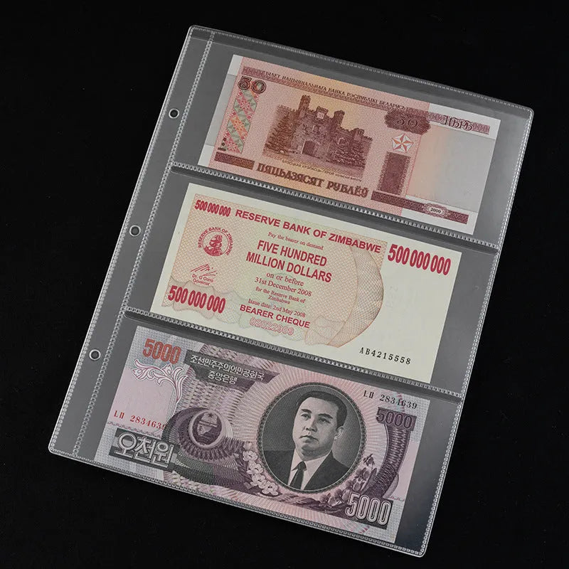 Transparent PVC coin collection sheet with storage pockets for stamps and commemorative coins