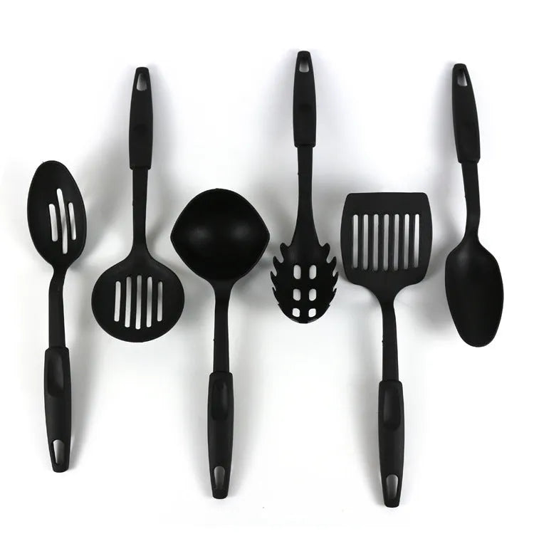 Black rubber kitchen utensil set showing a solid spoon and a slotted spoon for non-stick pans.