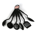 Black rubber kitchen utensil set showing a solid spoon and a slotted spoon for non-stick pans.