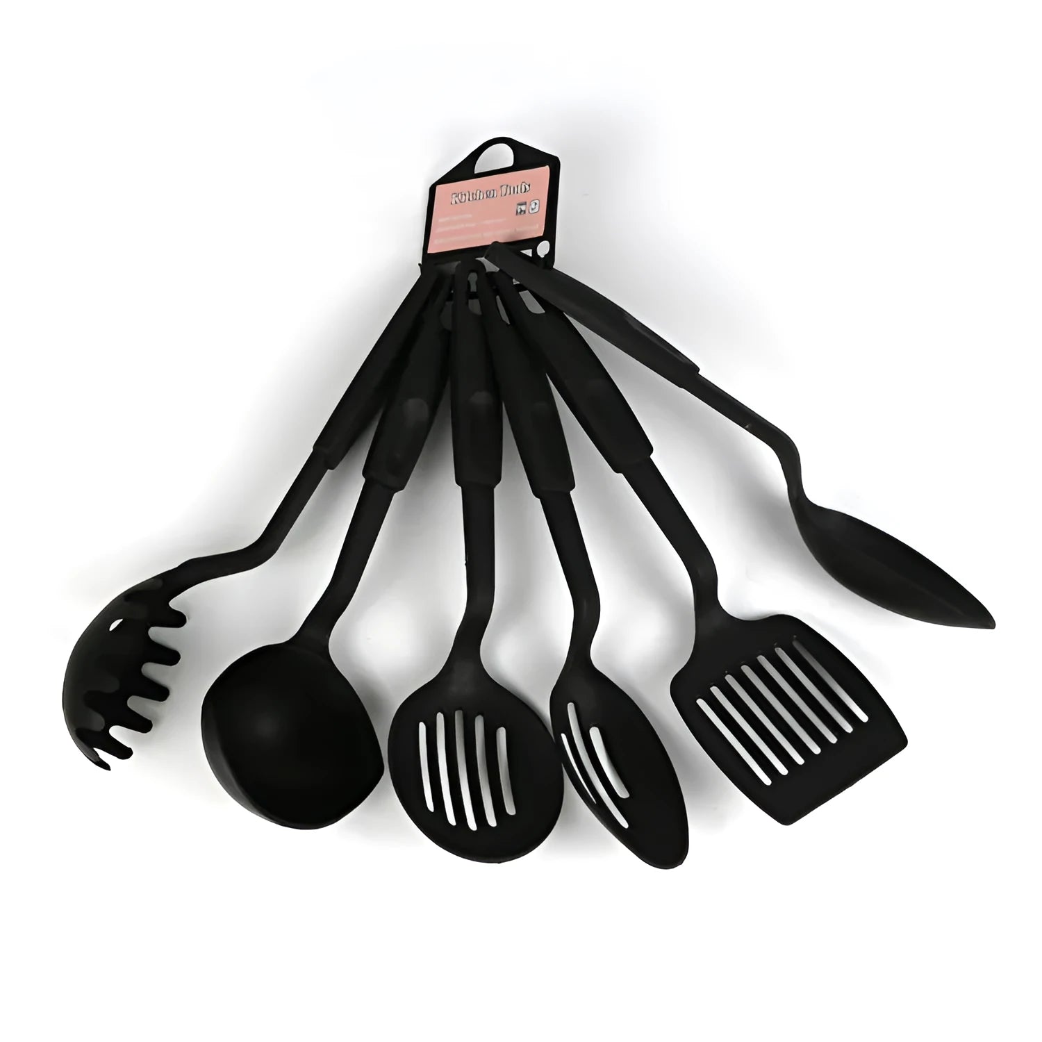 Black rubber kitchen utensil set showing a solid spoon and a slotted spoon for non-stick pans.