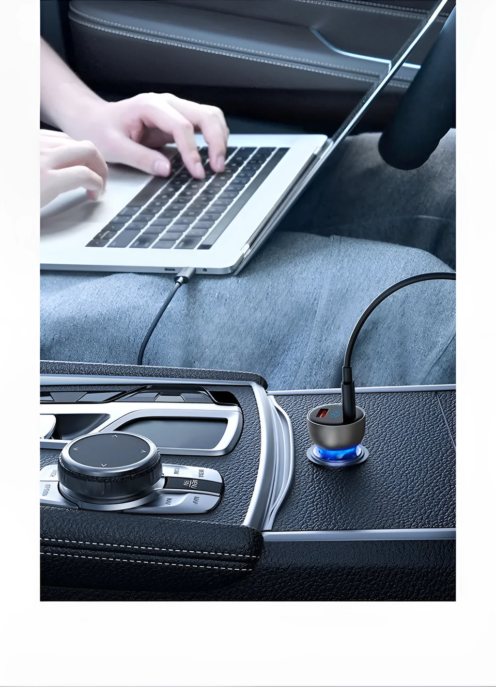 PD car charger with metal body, black colour, and compact design for vehicle use