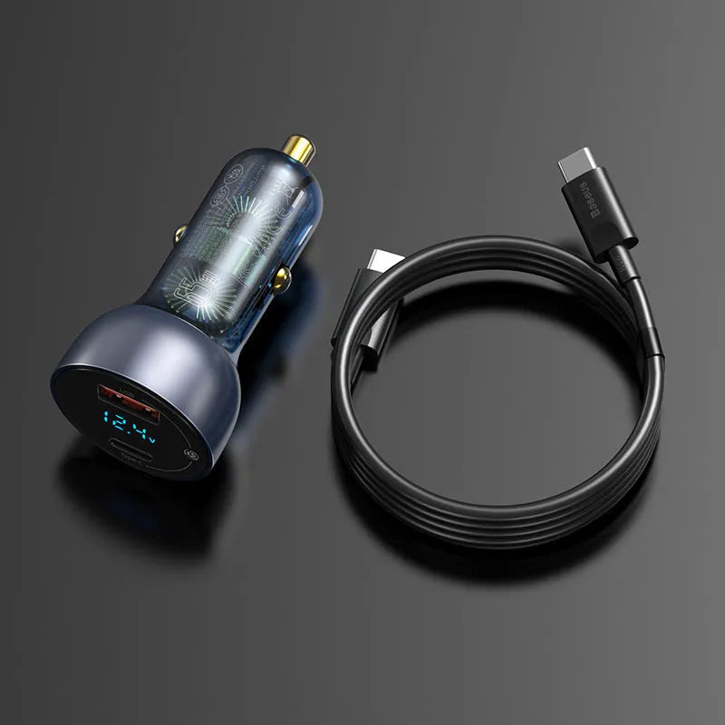 PD car charger with metal body, black colour, and compact design for vehicle use