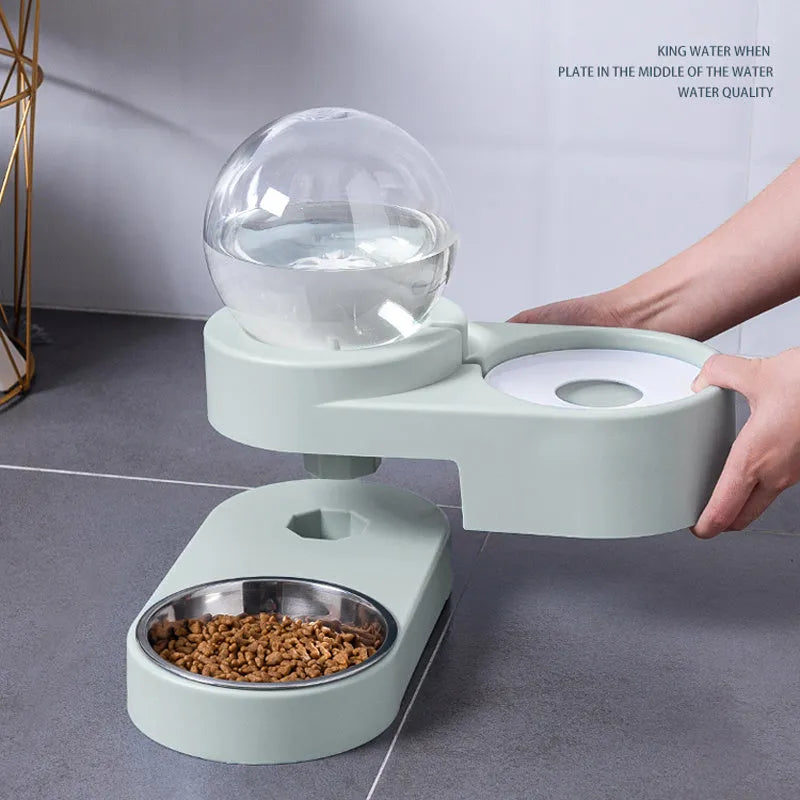 1.8L automatic pet water dispenser and feeding bowl double layer in pink with transparent container