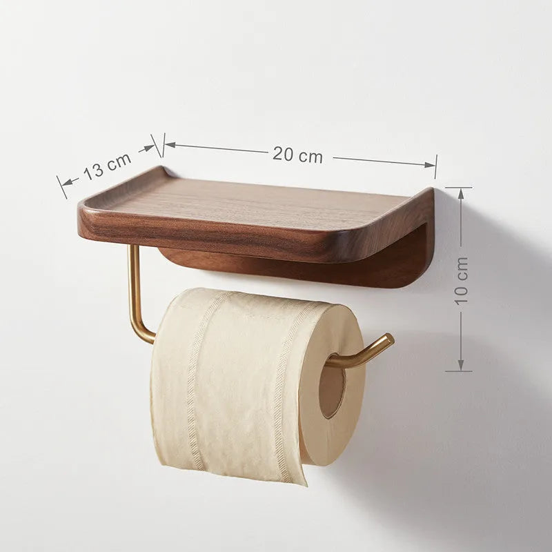 Solid walnut wood wall-mounted paper towel holder with brass fittings, shown in natural wood colour.