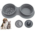 Grey silicone slow food anti-choke dog bowl with foldable design and suction base