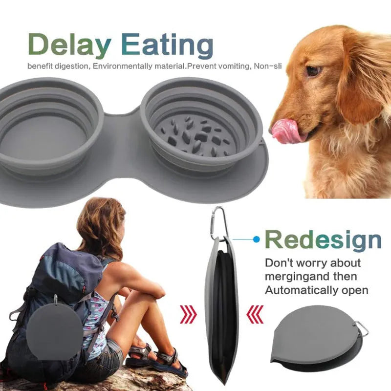 Grey silicone slow food anti-choke dog bowl with foldable design and suction base