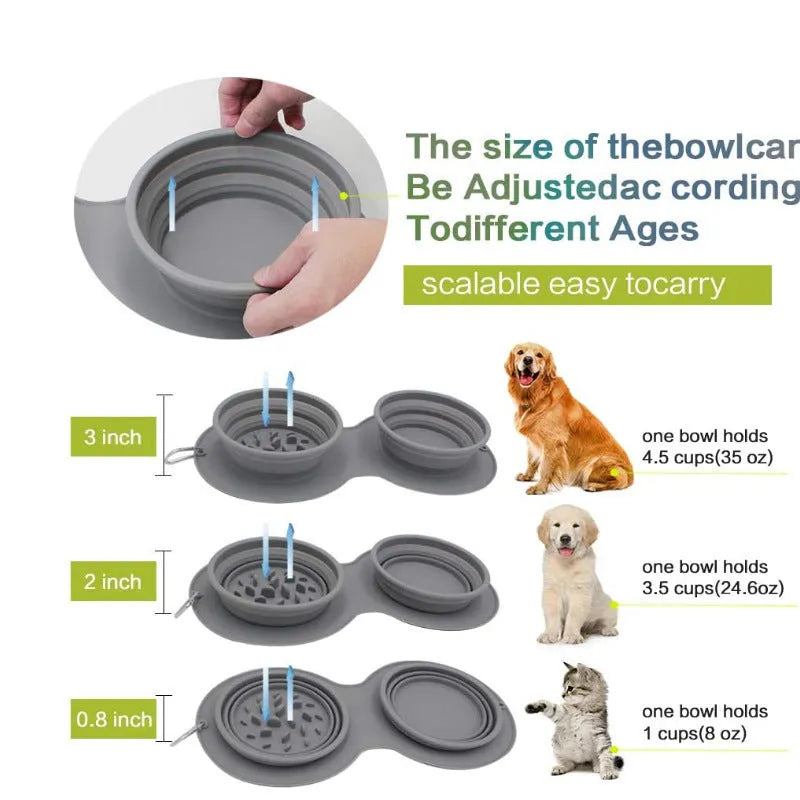 Grey silicone slow food anti-choke dog bowl with foldable design and suction base