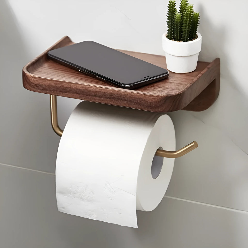 Solid walnut wood wall-mounted paper towel holder with brass fittings, shown in natural wood colour.