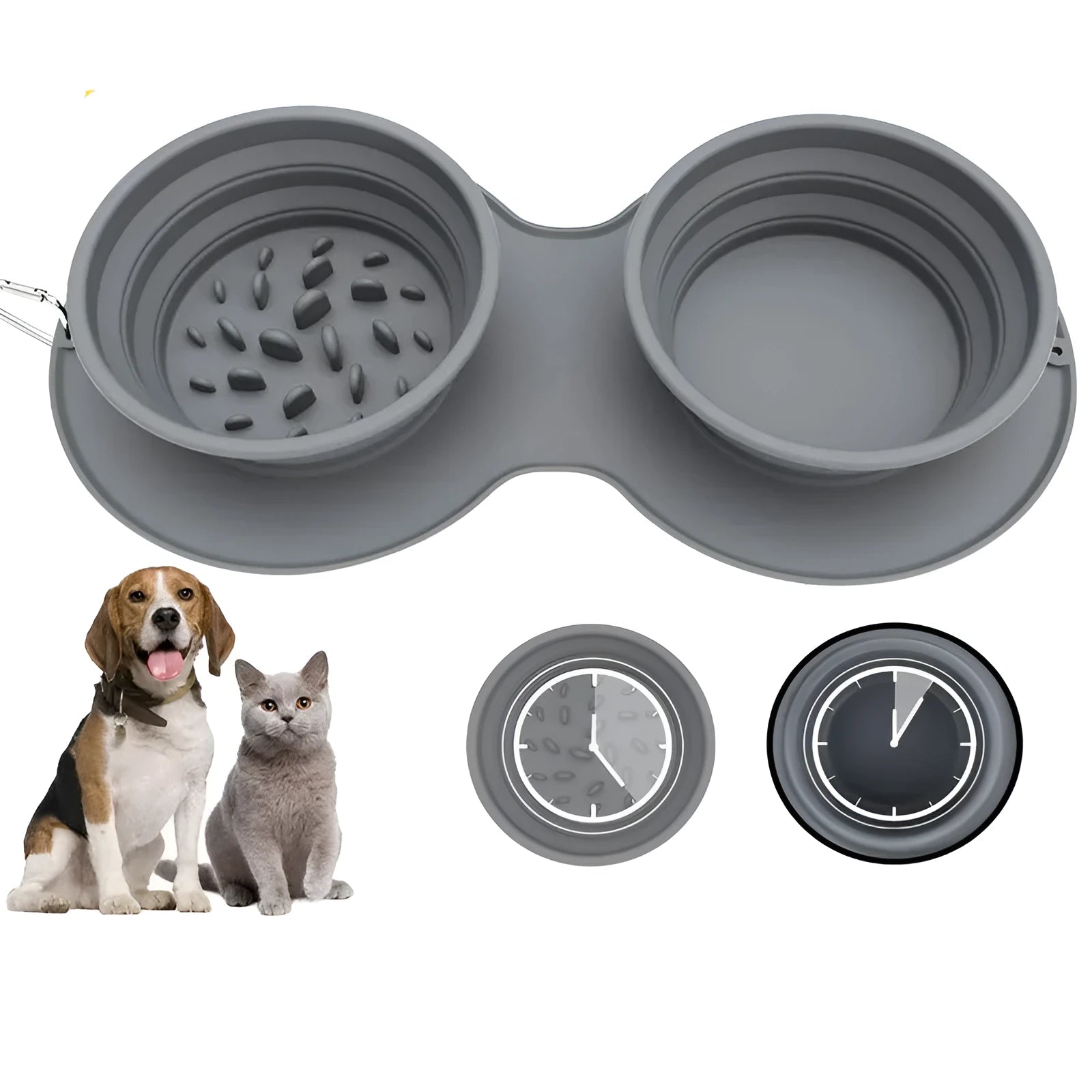 Grey silicone slow food anti-choke dog bowl with foldable design and suction base