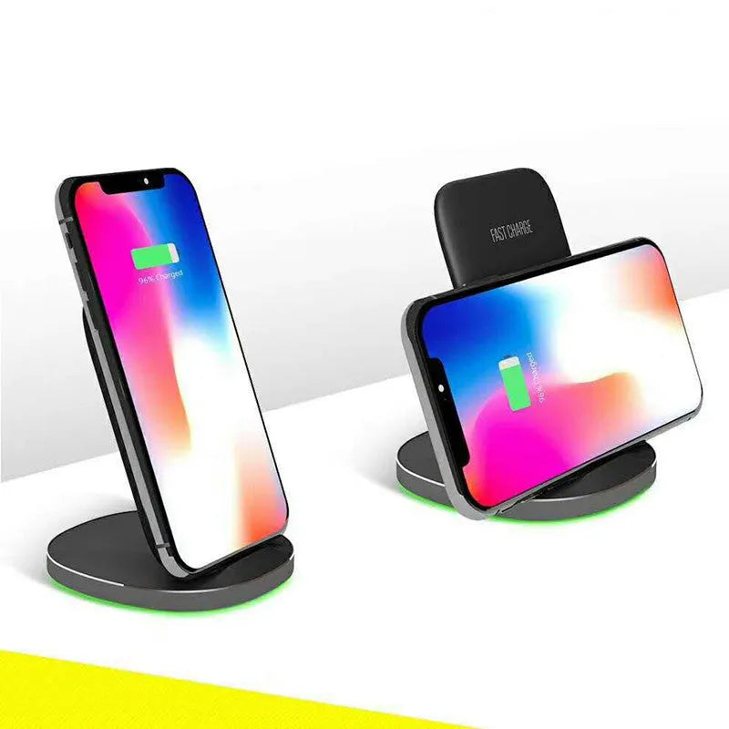 Vertical wireless charging dock in white and black colours showing smartphone charging upright