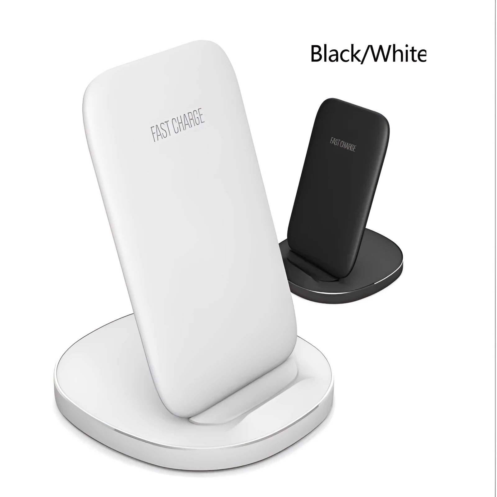 Vertical wireless charging dock in white and black colours showing smartphone charging upright