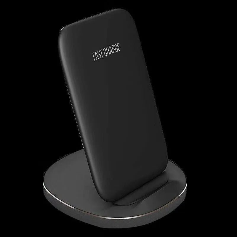 Vertical wireless charging dock in white and black colours showing smartphone charging upright