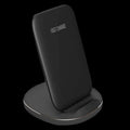 Vertical wireless charging dock in white and black colours showing smartphone charging upright