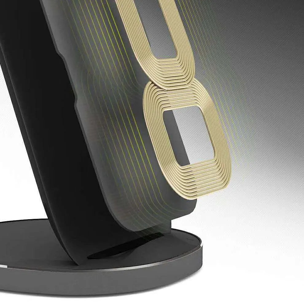 Vertical wireless charging dock in white and black colours showing smartphone charging upright