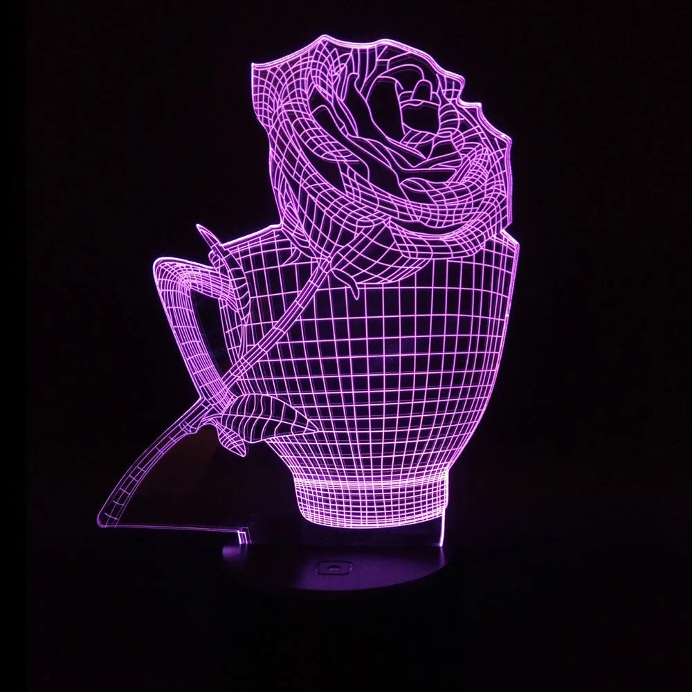 3D rose flower design LED night light on a black ABS base with USB cable and remote control.