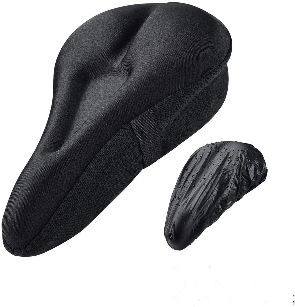 Black gel bicycle seat cushion cover with straps and rain cover for mountain bike