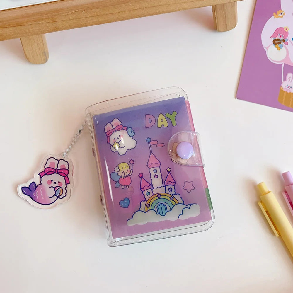 Four colourful loose leaf refill pages showing cute Japanese bear, bunny, and castle designs for notebooks.