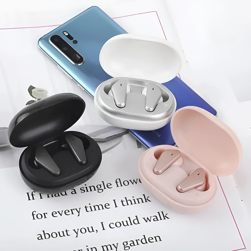 Wireless touch earphone in black, pink, and silver with mini ergonomic earplug design and stereo sound