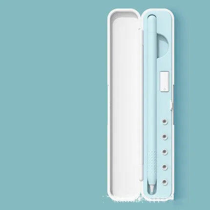 Purple hard-shell protective case for Apple Pencil with open lid showing interior foam slots for stylus and adapters