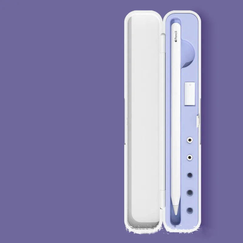 Purple hard-shell protective case for Apple Pencil with open lid showing interior foam slots for stylus and adapters