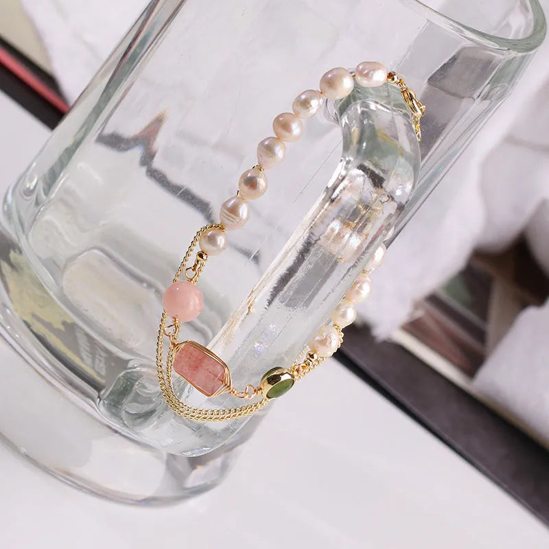 Geometric freshwater pearl bracelet with strawberry crystal accents in pink UG309 colour